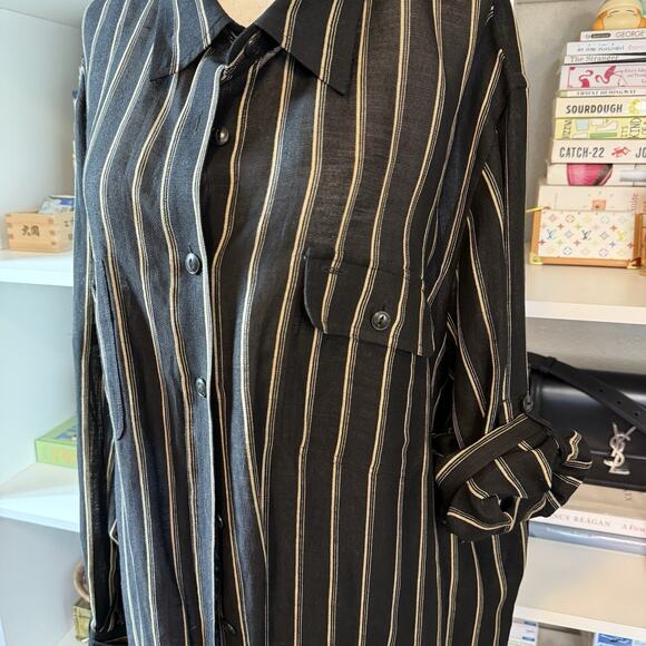 Vintage Ralph Lauren Striped Linen Oversized Beach Button Down Black Wms XXXL - Picture 4 of 10